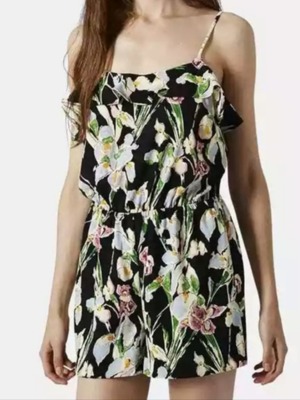 Topshop Floral Print Romper Strappy Ruffle Top Dainty Iris Garden Party Black 8